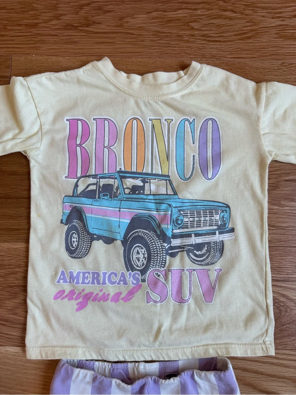 Ford Cream Bronco Graphic Tee with Purple Striped Shorts